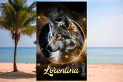 Personalisiertes Strandtuch "Wolf Portrait und dein Name"