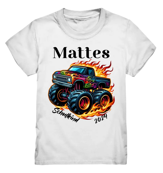 Feuriger Monstertruck mit Name - Kids Premium Shirt