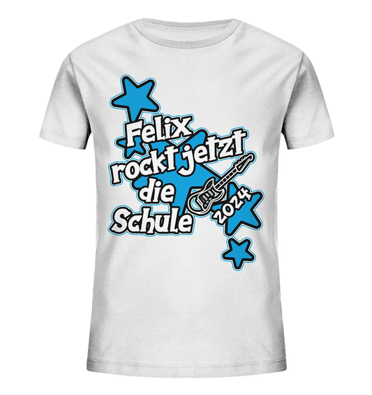 Name rockt jetzt die Schule "blue Stars" personalisiert - Kids Organic Shirt